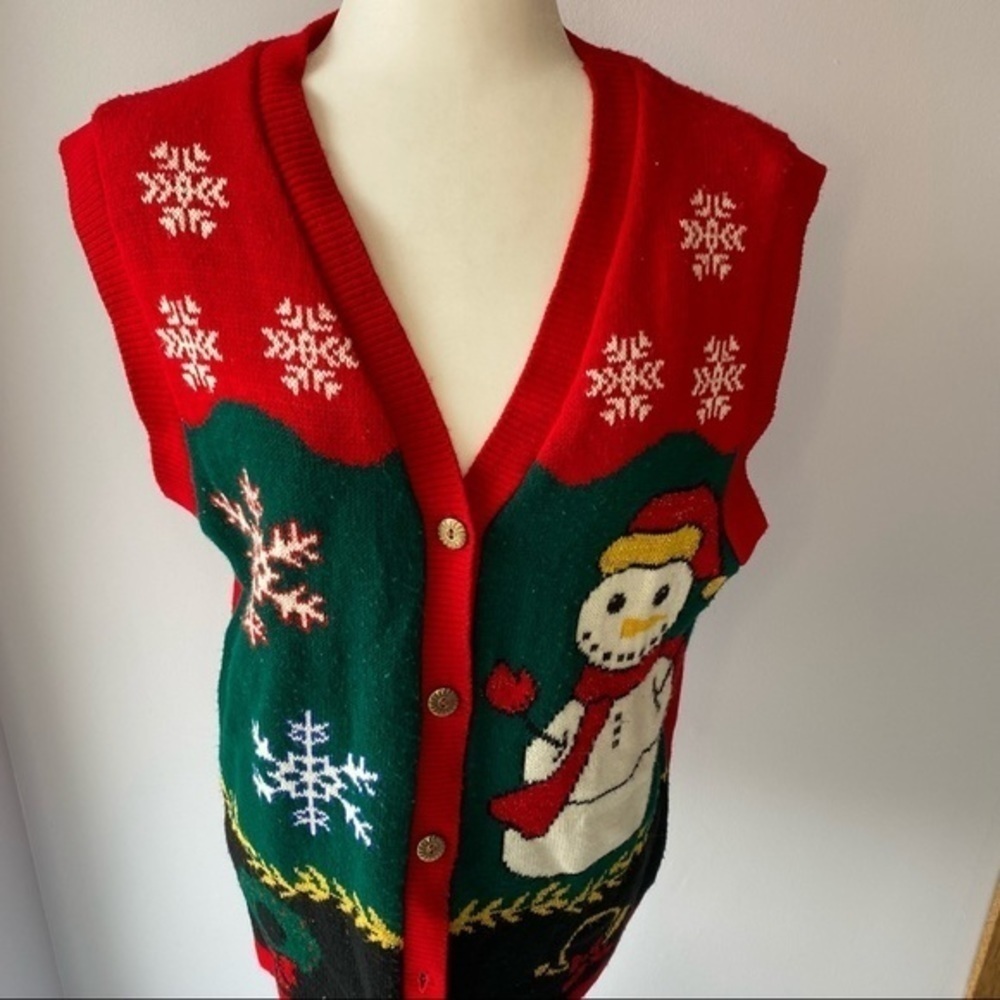 Vintage Retro Grandma Christmas Snowman Red Sweater Vest Small
